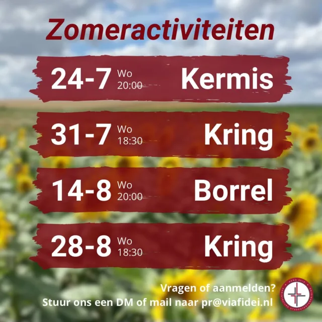 VIA FIDEI ZOMER ACTIVITEITEN 2024‼️

De Via Fidei vakantie is net achter de rug, maar niet getreurd! Want de zomer activiteiten staan voor de deur. Er is genoeg gezelligheid te vinden deze zomer. Studeer je in Tilburg / begin je aankomend jaar met studeren & zoek je naar een leuke, betrokken interkerkelijke vereniging? Kom vooral langs bij een van de activiteiten! 😃

• Kermis 🎡: We gaan samen een avondje naar de kermis!
• ⁠(open) Kring: We gaan samen de verdieping opzoeken en de bijbel induiken.
• ⁠Borrel: We gaan verbroederen in ons prachtige stamcafé: Jacks! 🍺 
• ⁠(open) Kring 2 

De avonden beginnen om 18:30 met een door ons geregelde maaltijd of 20:00 na het eten. Tegen 22:00 zullen de activiteiten ten einde lopen. Stuur een mail of DM als je hierbij wilt zijn & wij sturen je de locatie door📍

#viafidei #studententilburg #student #tilburg #ichthuslandelijk